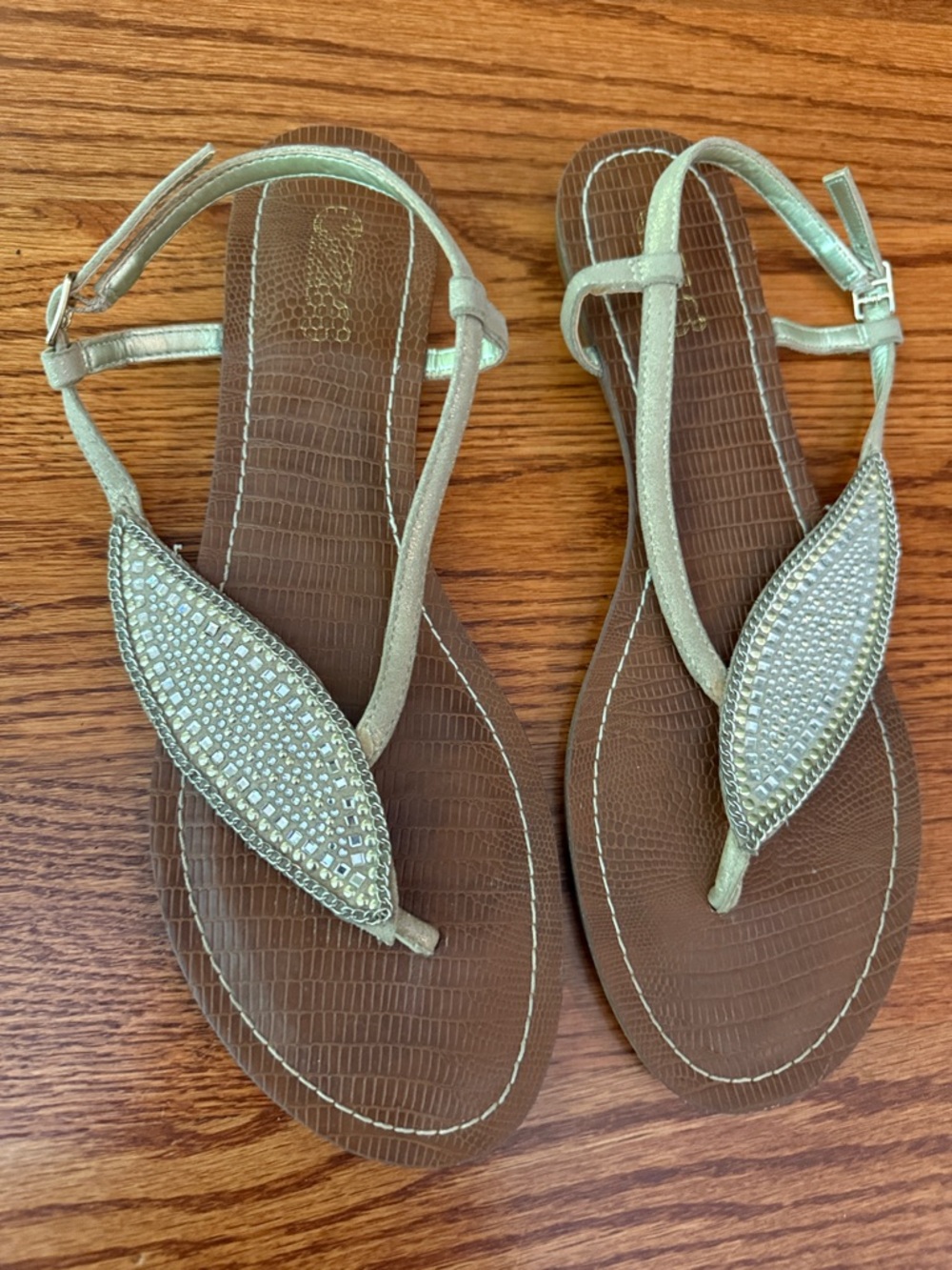 Women's Gold T-Strap Rhinestone Sandals